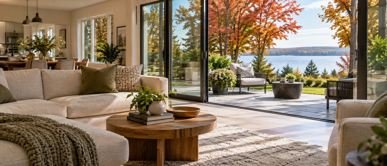 Bright living room opening onto a lakeside patio