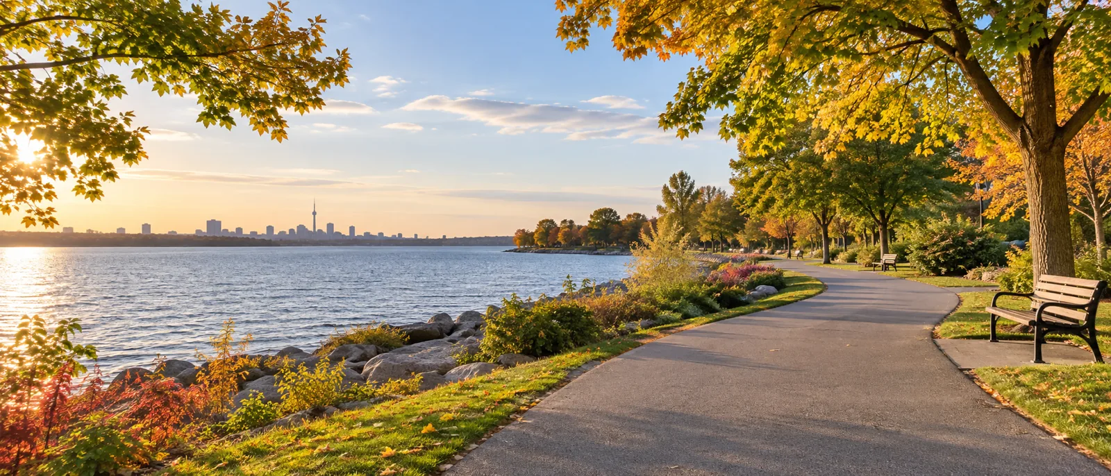 Paved lakeside path through a Canadian park in autumn