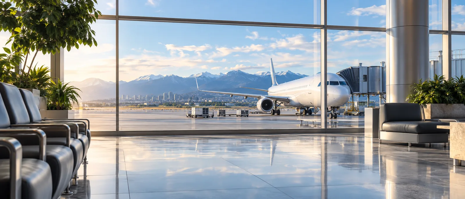 Airport departure lounge overlooking a passenger aircraft