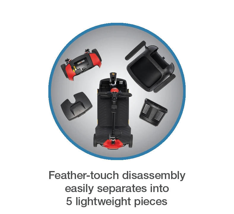 Go Go Elite Traveller Gen 3 disassembled into five lightweight pieces