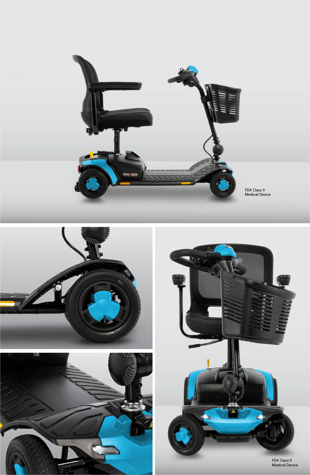 Go Go Elite Traveller Gen 3 in Robin’s Egg Blue, showing the scooter and close-up details